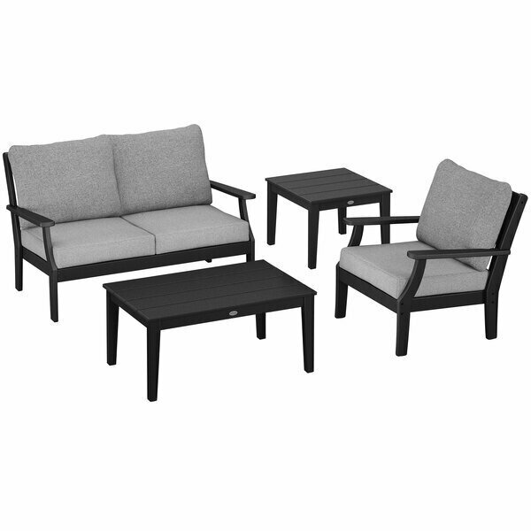 Polywood Braxton Black / Grey Mist 4-Piece Deep Patio Set with Chair Settee and Newport Tables 633PWSBL1590